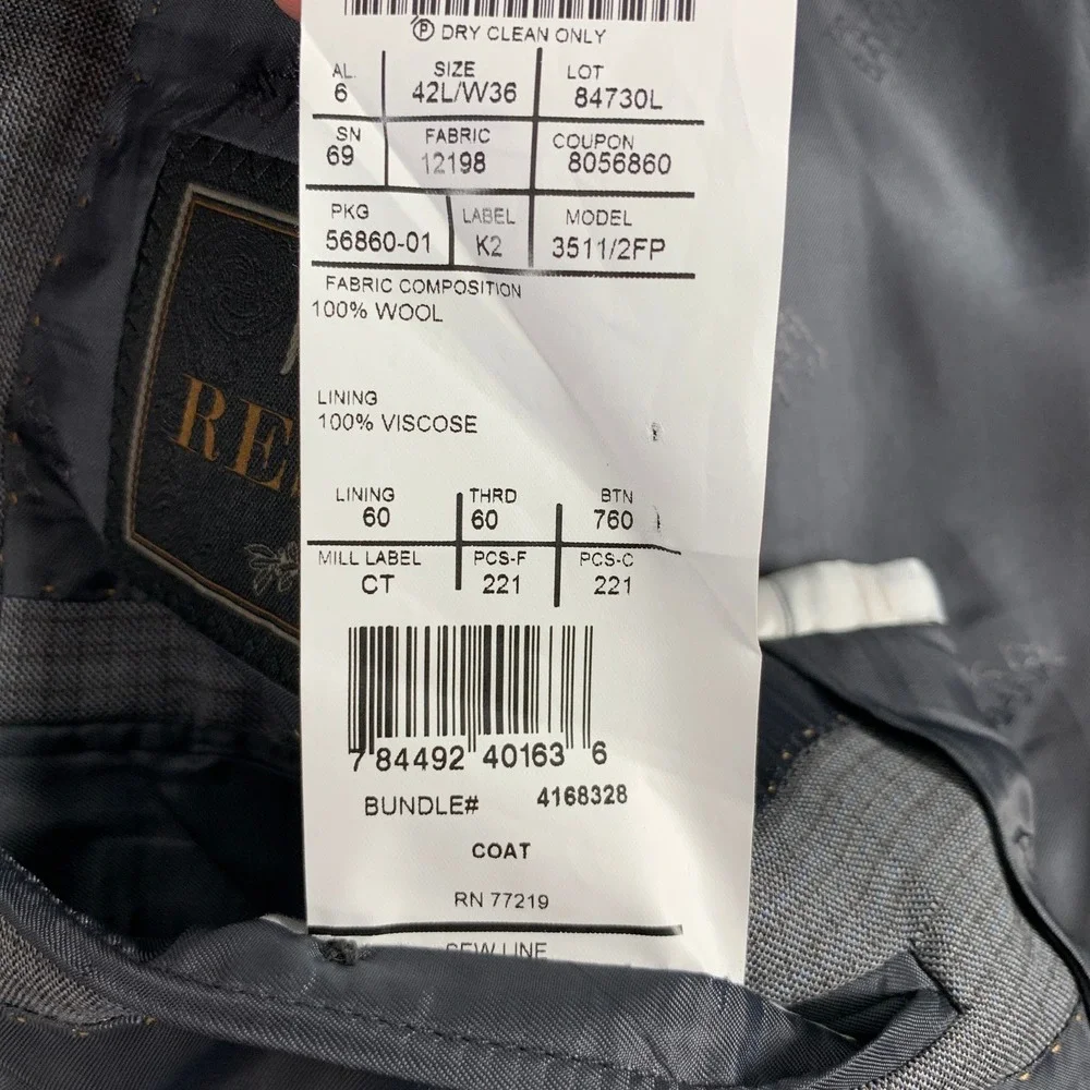 Jos A Bank Suit Men 42L Lanificio Wool 2 Piece Gray Pant 36x33